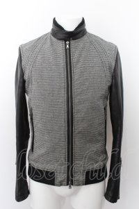 【SALE】Luv maison ジャケット.ゴートレザー切り替えハウンズトゥースシングルライダース /グレーｘブラック/44