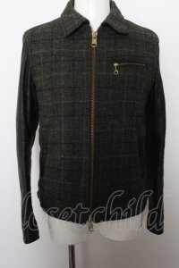 【WINTERセール】GALLIS ADDICTION ジャケット.ゴートレザー切り替えHarris Tweedブルゾン /ブラックｘグレー/4 O-22-10-20-022-ET-ja-YM-ZT-ML013