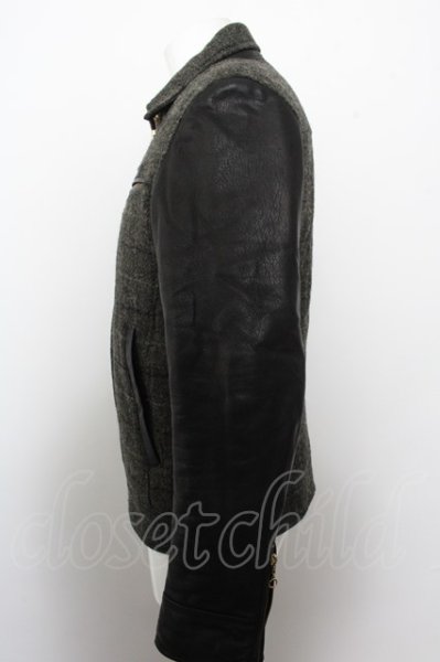 画像3: GALLIS ADDICTION ジャケット.ゴートレザー切り替えHarris Tweedブルゾン /ブラックｘグレー/4 O-22-10-20-022-ET-ja-YM-ZT-ML013 (3)