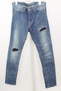 【WINTERセール】Moonage Devilment(清春) パンツ.RESOUND CLOTHINGコラボ washed repair skinny /インディゴ/1 T-22-12-10-021-Mo-pa-KN-ZT099