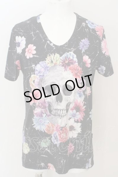 画像1: CIVARIZE / フラワースカル総柄UネックTシャツ 46 ブラック O-24-04-15-025-CI-ts-YM-ZT464 (1)