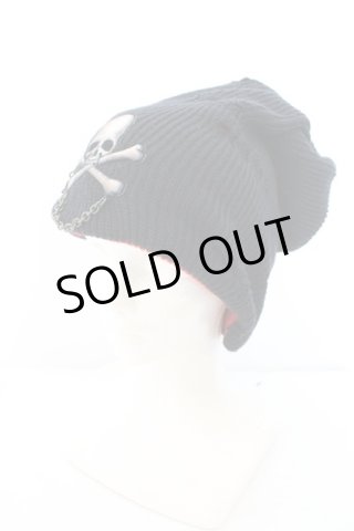 Roen / チェーンスカルデストロイニットキャップ F ブラックxレッド O