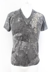TORNADO MART / トライバル刺繍ブリーチVネックTシャツ  グレー O-24-05-06-021-TO-to-YM-OS