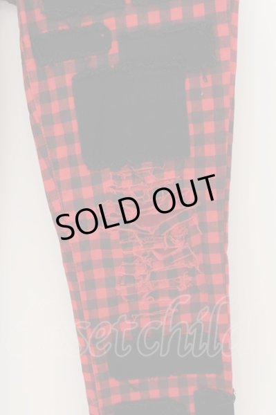 画像2: JURY BLACK / クラッシュリペアパッチチェックパンツ 1 レッド×ブラック O-24-07-15-025-JU-pa-IG-ZT498 (2)