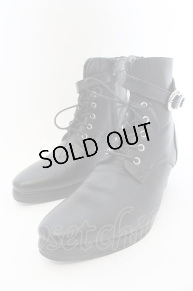 画像1: LOVEHUNTER / サイドジップベルト付きレースアップヒールブーツ 41(約26cm) ブラック O-25-01-03-008-LO-sho-YM-ZT3000 (1)