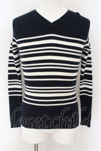 画像1: GOSTAR DE FUGA / Shams ボーダーVネックニット 44 ネイビー O-25-01-09-046-GO-to-YM-ZT097
