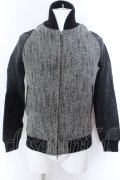 FUGA / Requiem レザー切り替えツイードウールスタジアムジャケット 44 ブラックｘミックス O-25-02-12-020-FU-ja-YM-ZT-ML021