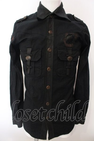 画像1: 14th Addiction / LEATHER REPAIR SHIRT　ミリタリーシャツ  ブラック O-25-02-28-058-14-sh-YM-ZT370 (1)