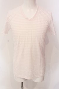 Zero by TORNADO MART / ボーダーVネックTシャツ L 薄ピンク O-25-03-16-007-Ze-ts-YM-ZT245