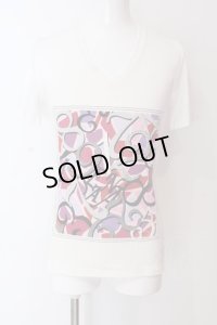 SEANA / スクエアナンバーVネックTシャツ L ホワイトｘピンク O-25-04-10-022-SE-ts-YM-OS