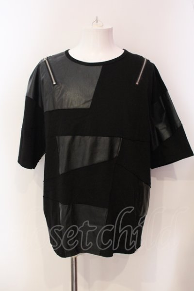 画像1: CIVARIZE / PUレザー切り替えパッチワークショルダーZIP Tシャツ F ブラック O-25-05-25-014-CI-ts-YM-OS