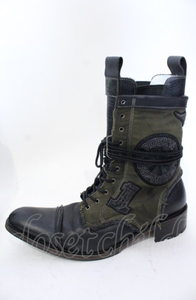 画像4: Hiromu Takahara / ワッペンレイヤードブーツ 42（約27cm） カーキｘブラック O-25-05-31-124-Hi-sho-YM-ZT-S006 (4)