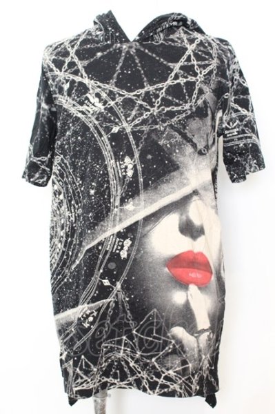 画像1: NO ID. / 総柄ロング半袖パーカー 1 ブラック O-25-09-16-042-NO-to-YM-ZT150 (1)