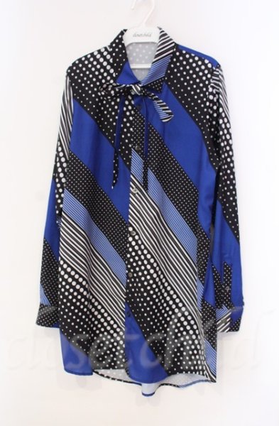 画像1: NO ID. BLACK / ドットストライプロングシャツ 1 ブラックｘブルー O-25-11-08-001-NO-sh-YM-OS (1)