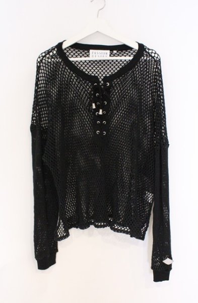 画像1: el conductorH / COTTON LACEUP LONG SLEEVE MESH トップ 2 ブラック O-26-02-23-010-el-to-YM-OS (1)