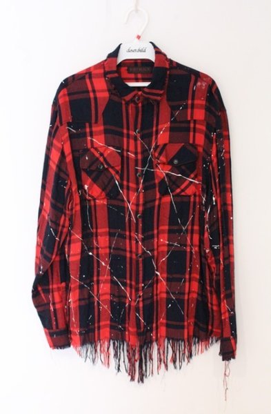 画像1: JURY BLACK / ペインティングチェックカットオフフリンジシャツ S レッド O-26-04-20-014-JU-sh-YM-OS (1)