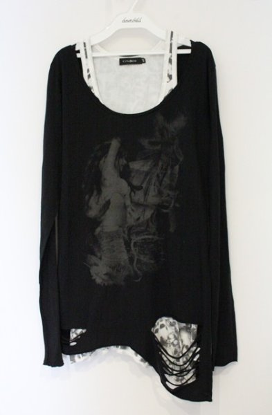画像1: CIVARIZE / レディプリントダメージロングカットソー＆タンクトップ 46 ブラックｘホワイト O-26-10-14-076-CI-to-YM-OS (1)