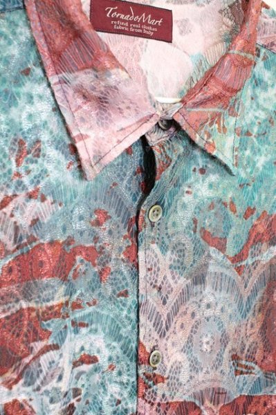 画像3: TORNADO MART / フラワープリントレースポンティングシャツ LL ピンクxグリーン T-25-09-11-009-TO-sh-YM-ZT302 (3)