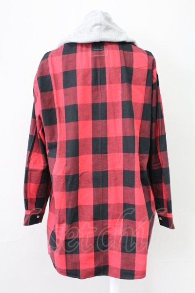 画像2: MENTAL / フードチェックシャツ 46 レッド T-25-11-10-026-ME-sh-YM-ZT (2)