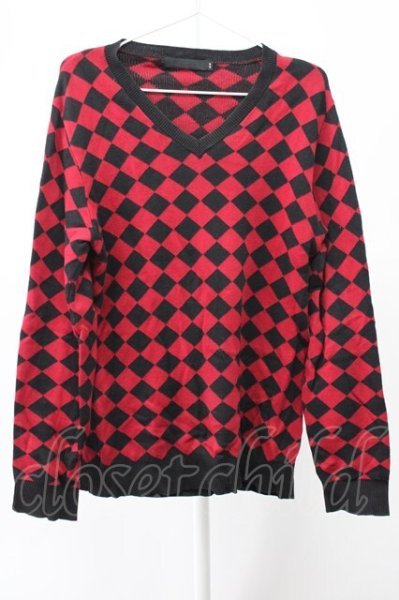 画像1: FUGA / チェッカーVニットソー 44 レッド T-25-12-01-002-FU-to-YM-ZT (1)
