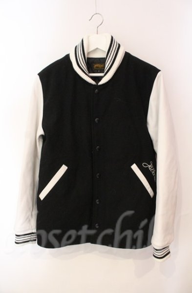 画像1: JACKROSE / ラムレザー袖スタジャン 3 ブラックｘホワイト T-25-12-11-010-JA-ou-YM-OS (1)