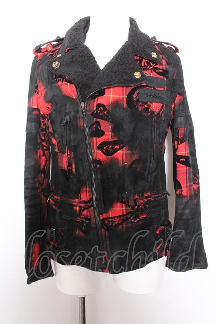【SALE】Roen ジャケット.フロッキーチェックライダース /ブラックｘレッド/48