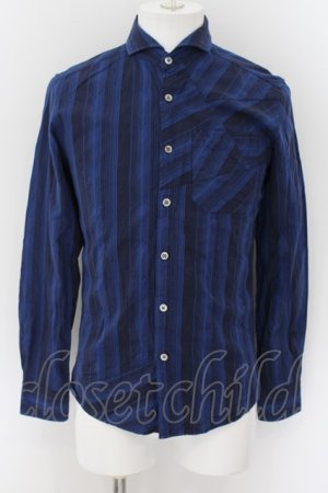 画像: 【WINTERセール】Zero by TORNADO MART / パッチワークストライプシャツ M ブルー O-24-09-15-038-Ze-sh-YM-ZT208