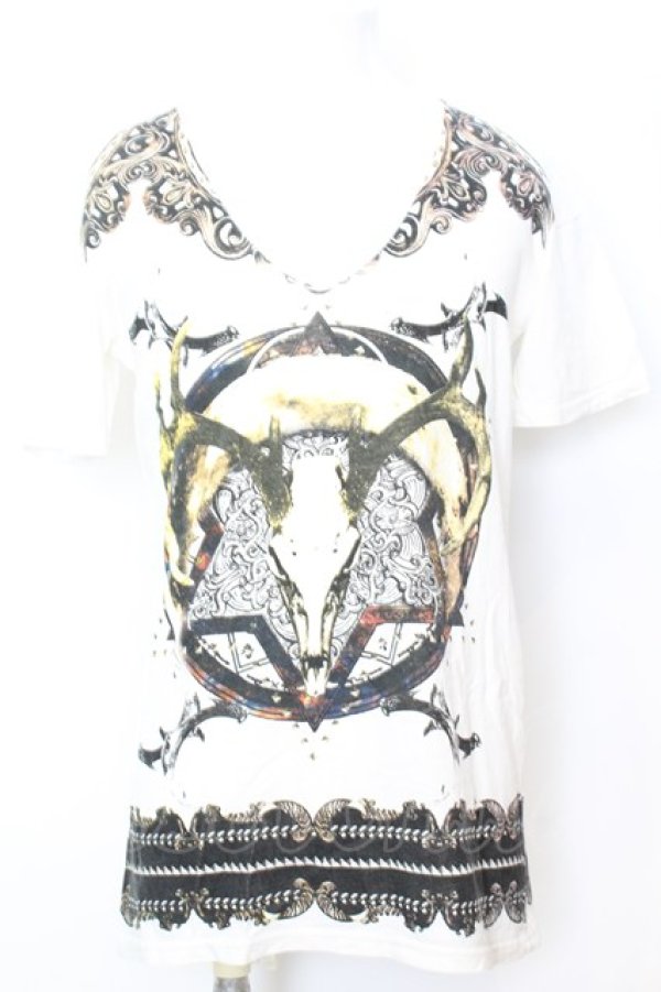 画像1: NO ID. / サタニックプリントVネック Tシャツ 1 ホワイト O-25-09-16-049-NO-ts-YM-OS (1)
