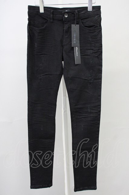 CavariA / ダメージストレッチデニムパンツ 42 ブラック T-25-08